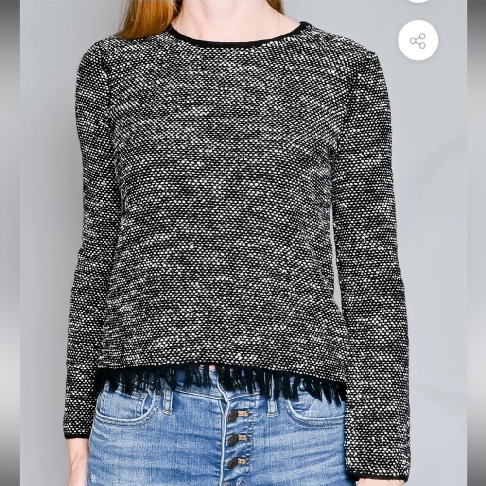 Theory Vendla Tweed Fringe-hem Top Size Small Black and White GUC
